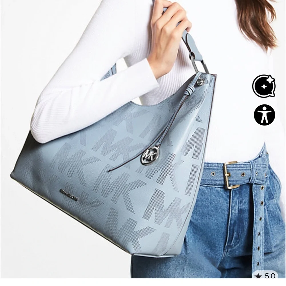 Michael Kors Joan Extra-Large Pebbled Leather Shoulder Bag – Powder Blue